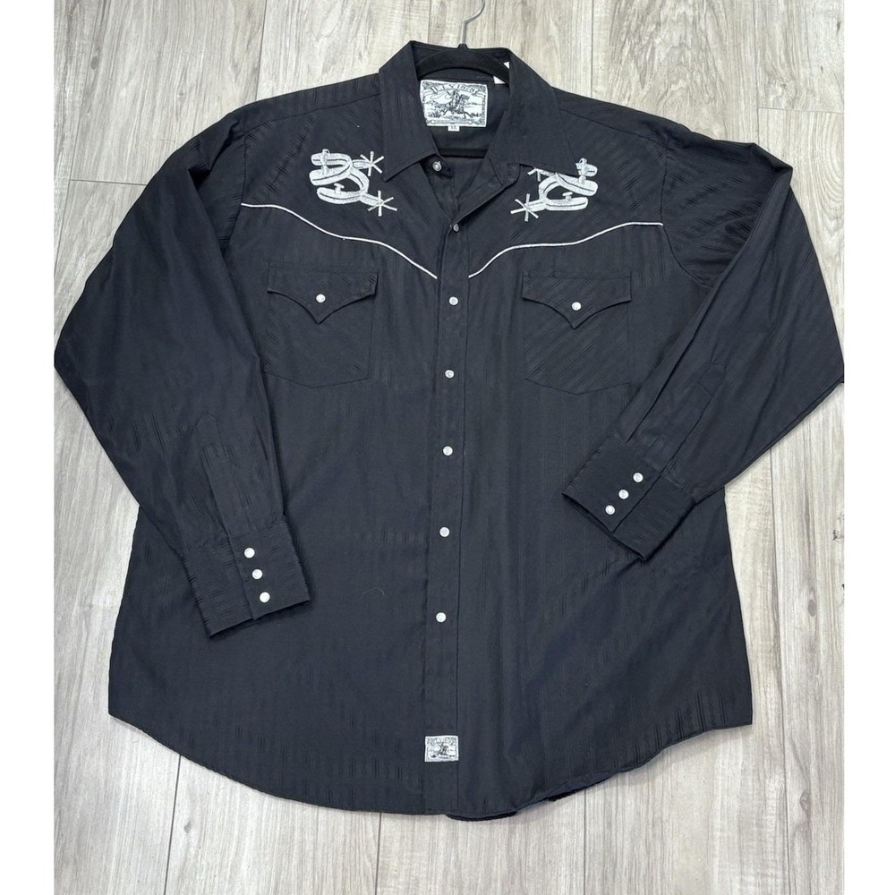 Ely Cattleman Shirt XL Black Silver Western Pearl Snap Embroidered Spurs Cowboy